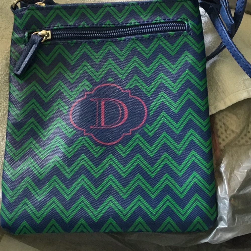 Karma by Stephen Joseph Blue & Green Chevron Crossbody Bag with Monogram Accent